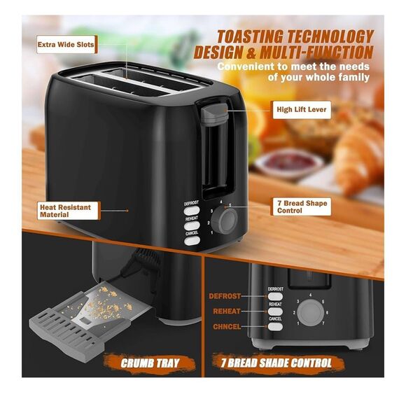 NEW Black Best Rated Wide Slot 2 slice Toaster, 7 Bread Shade Settings - Picture 2 of 8